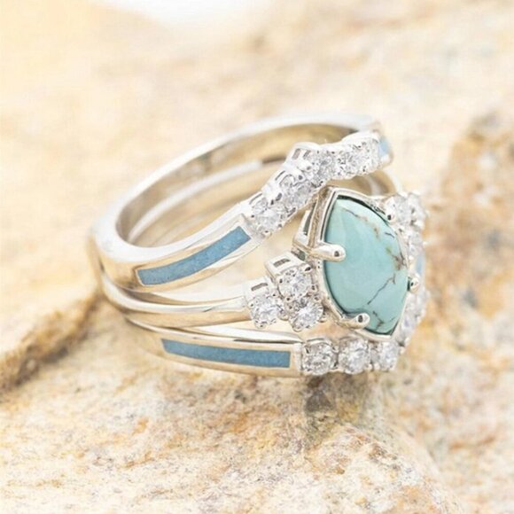Turquoise Rhinestone Nesting 3 Ring Set Silver Tone Marquis Shape - Picture 3 of 4